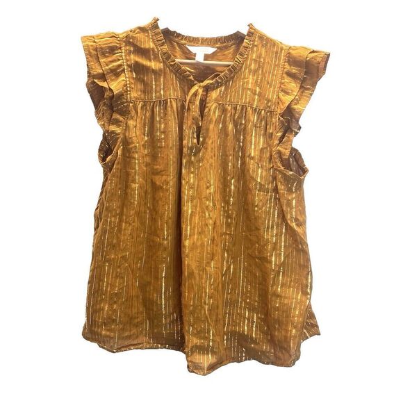 Lauren Conrad Dreamy Gold Ruffled Shoulder Tie Front Womens Blouse Shirt L - Picture 2 of 8